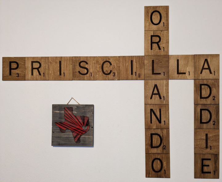 "Priscilla" is horizontal with "Orlando" and "Addie" intersecting vertically at the L and A respectively.